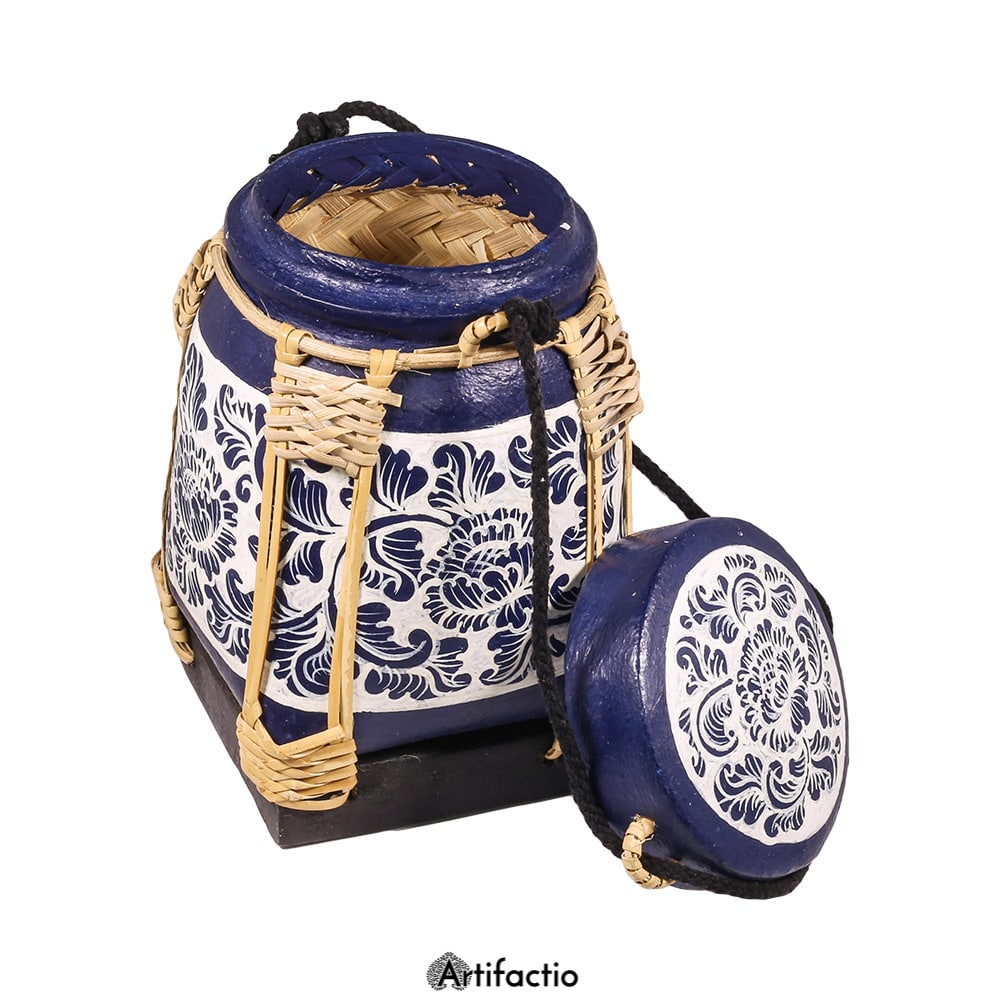 Blue Thai rice box with floral design